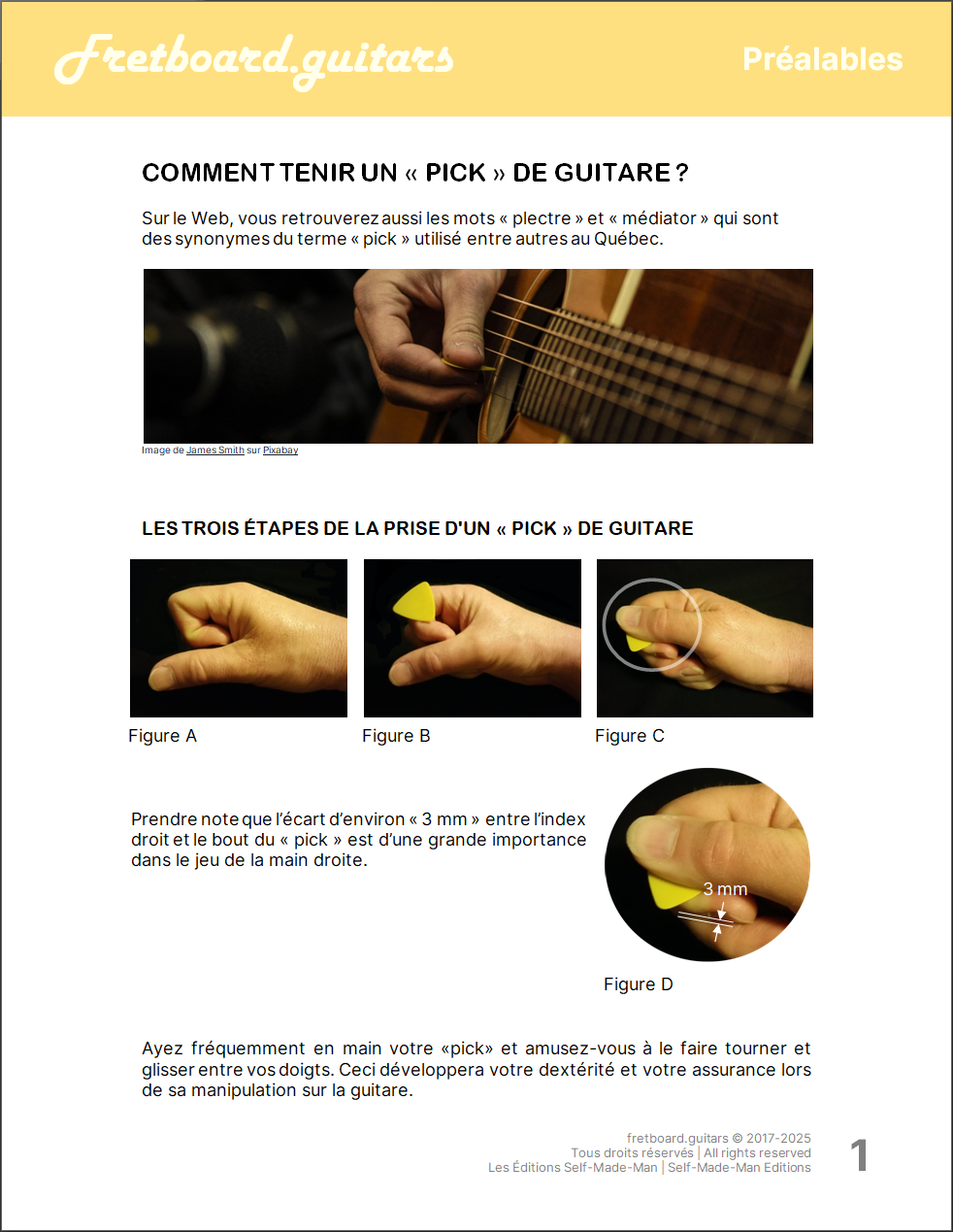 Découvrez quelles sont les 3 étapes pour tenir un pick (aussi appelé plectre ou médiator) de guitare de façon ferme et détendu tout au long de son jeu.
